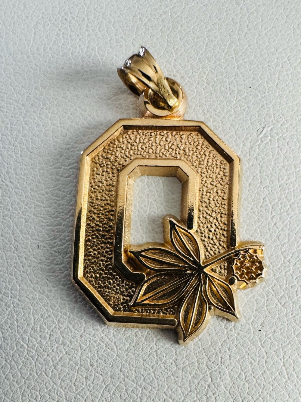 10K Yellow Gold Ohio State Block O Pendant with Buckeye Leaf & Textured Finish
